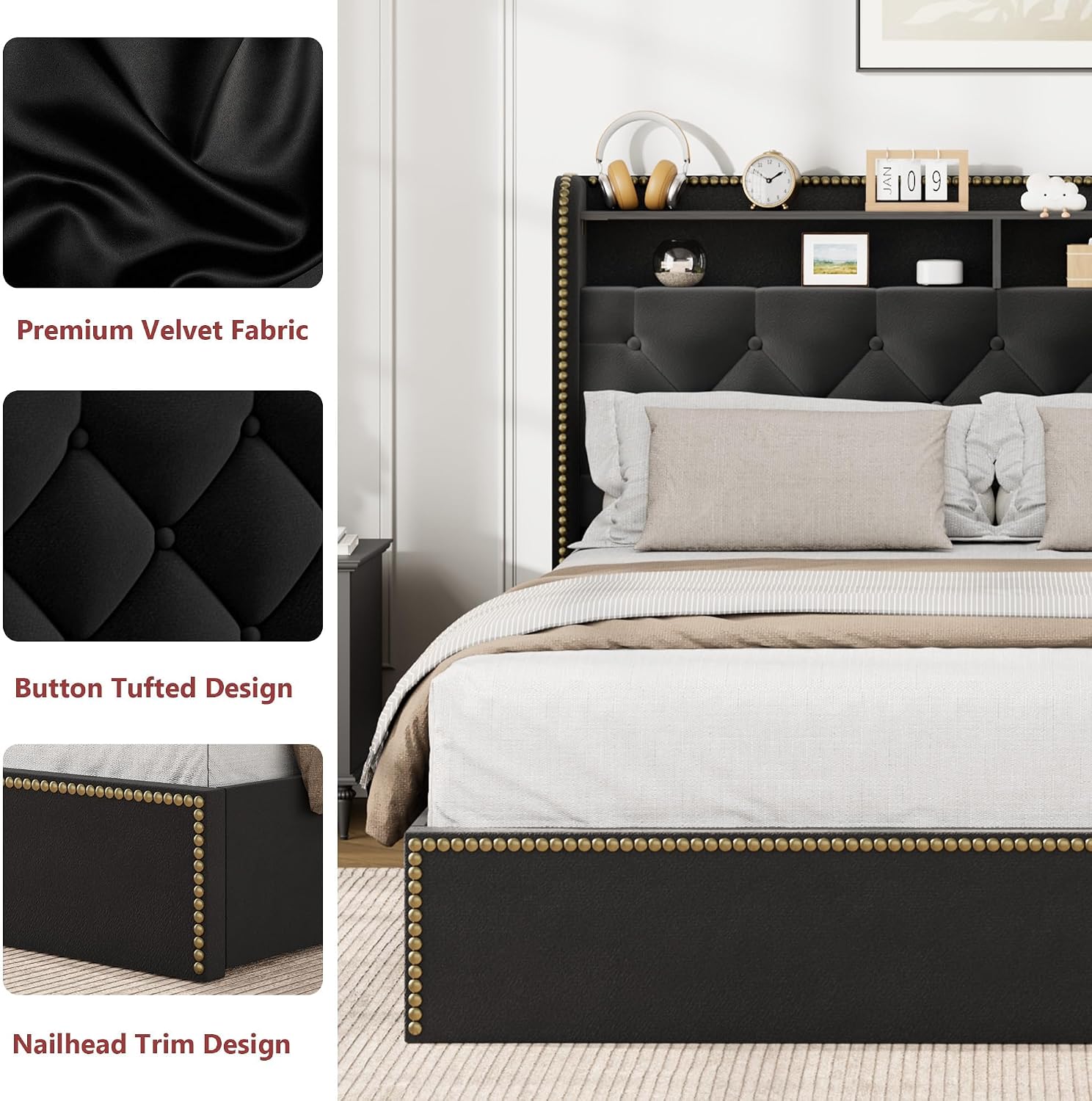 Full Size Black Velvet Storage Bed with Shelved Headboard and 4 Drawers, Tufted Upholstered Platform Bed Frame with Nailhead Trim, Metal Support Slats, No Box Spring Required, Easy to Assemble