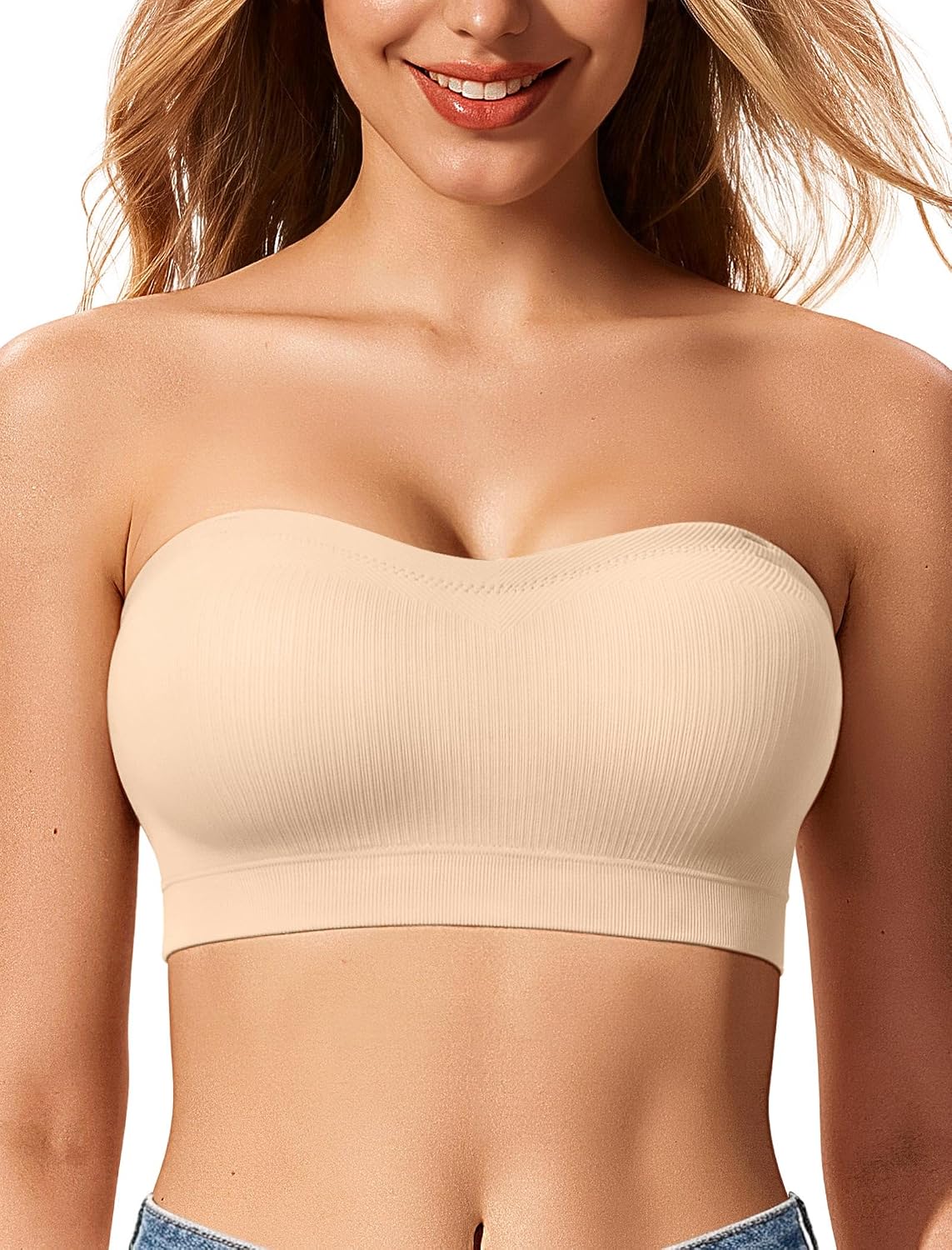 LetsJoli Strapless Bras for Women Push Up Bandeau Wireless Tube Padded Bra | Supportive Non Slip, Ribbed Soft, For Large Breast, Straps for One Shoulder & Halter Bra, No Underwire