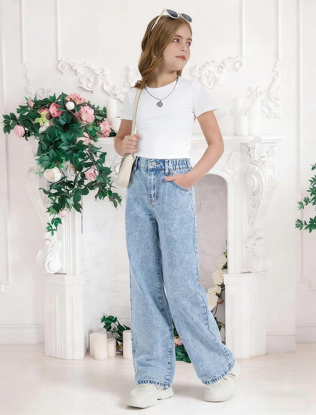 Jeans for Girls Cute Baggy Pants Wide Leg High Waisted Trousers with Pocket | Back to School Clothes Teens Outfits Bow Embroidery Wide Leg Denim Pants Y2k Tween Clothes 7-16Y