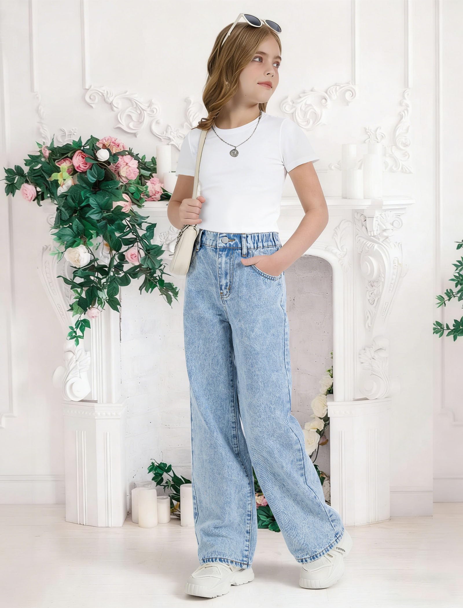 Jeans for Girls Cute Baggy Pants Wide Leg High Waisted Trousers with Pocket | Back to School Clothes Teens Outfits Bow Embroidery Wide Leg Denim Pants Y2k Tween Clothes 7-16Y