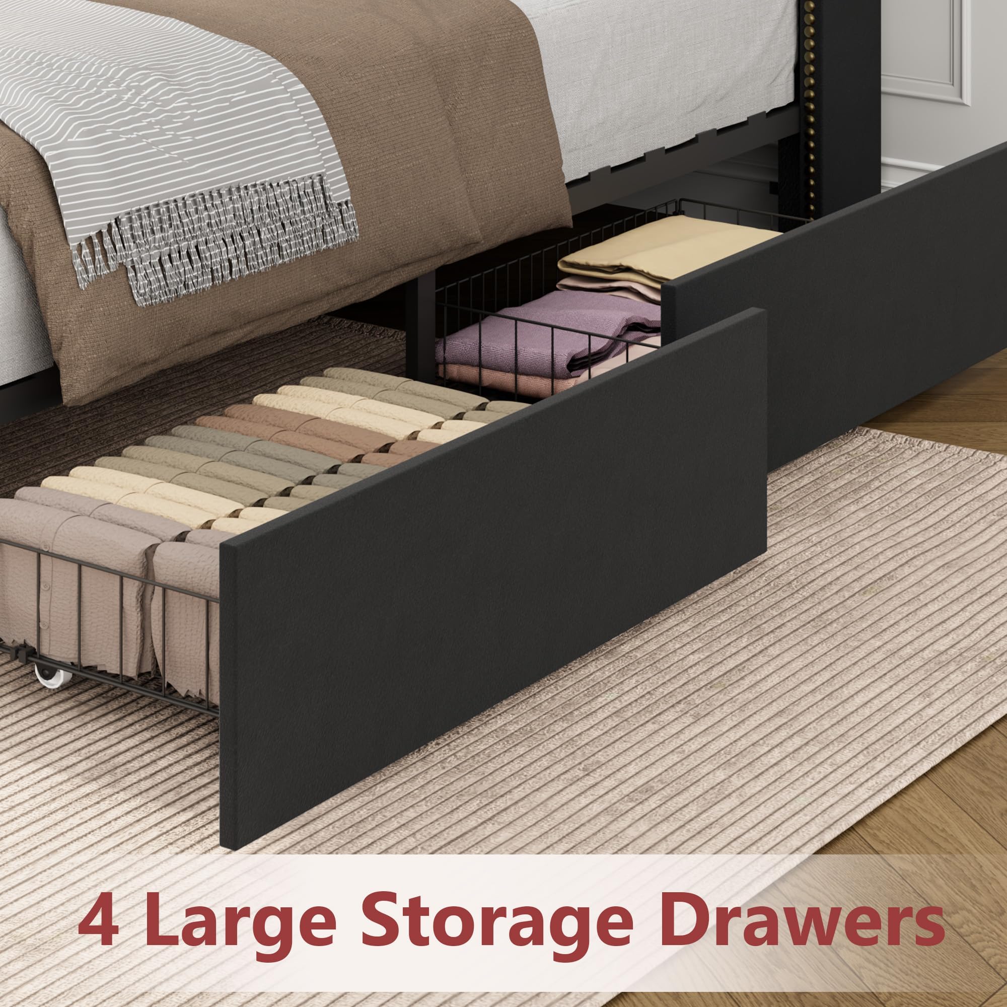 Full Size Black Velvet Storage Bed with Shelved Headboard and 4 Drawers, Tufted Upholstered Platform Bed Frame with Nailhead Trim, Metal Support Slats, No Box Spring Required, Easy to Assemble
