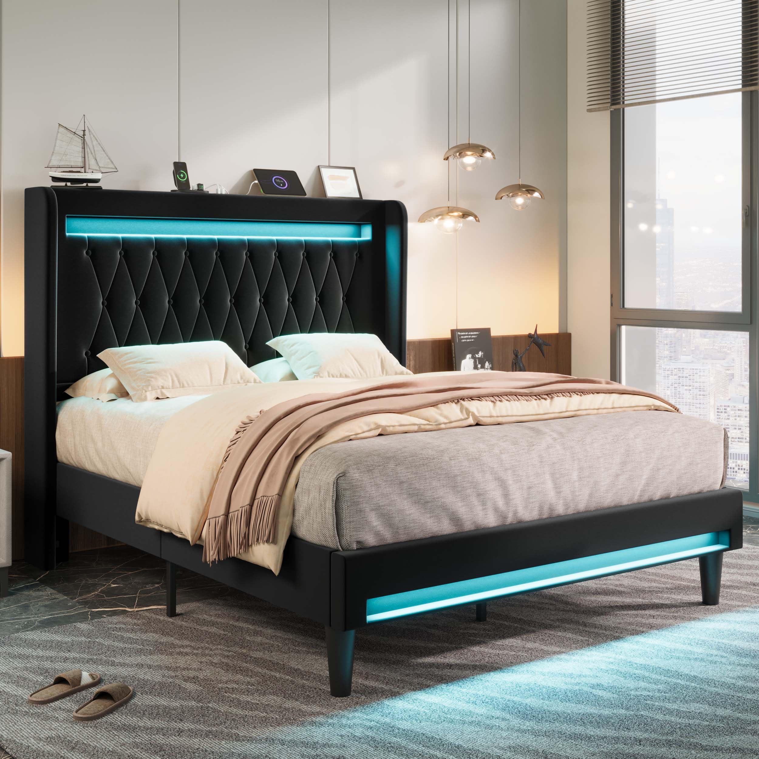 Allewie Queen Size Upholstered Bed Frame with LED & Charging Station, Black | Customizable LED lights, charging station, tufted wingback headboard, noise-reducing support, and no box spring needed.