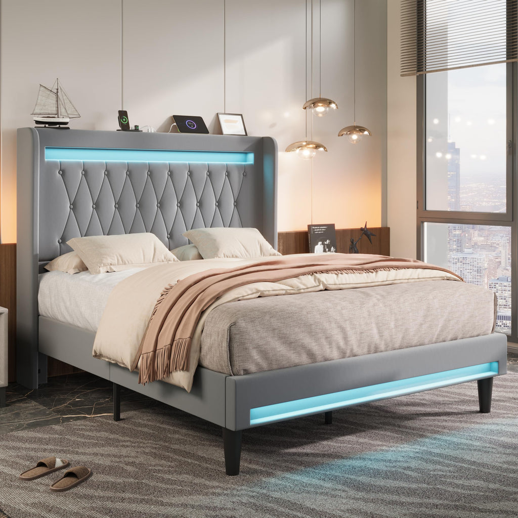 Allewie Queen Size Upholstered Bed Frame with LED & Charging Station, Black | Customizable LED lights, charging station, tufted wingback headboard, noise-reducing support, and no box spring needed.