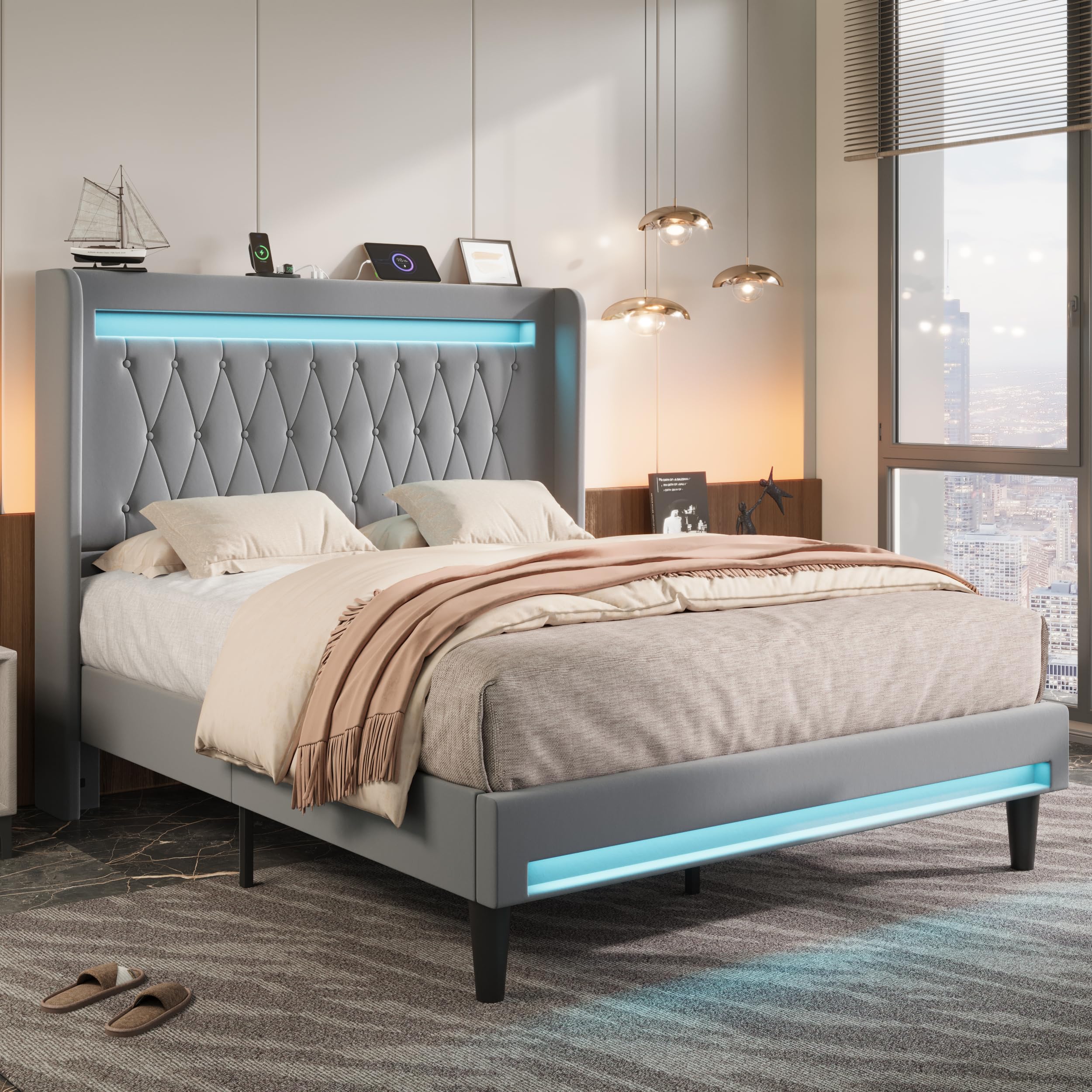 Allewie Queen Size Upholstered Bed Frame with LED & Charging Station, Black | Customizable LED lights, charging station, tufted wingback headboard, noise-reducing support, and no box spring needed.