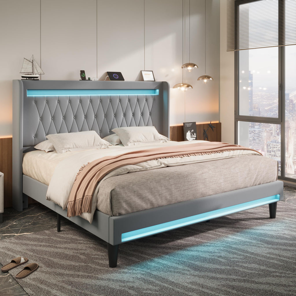 Allewie Queen Size Upholstered Bed Frame with LED & Charging Station, Black | Customizable LED lights, charging station, tufted wingback headboard, noise-reducing support, and no box spring needed.