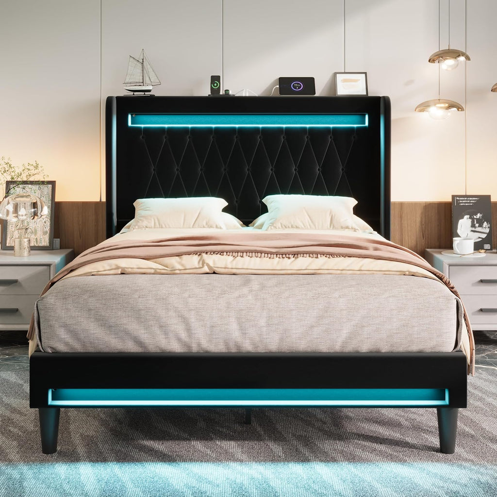 Allewie Queen Size Upholstered Bed Frame with LED & Charging Station, Black | Customizable LED lights, charging station, tufted wingback headboard, noise-reducing support, and no box spring needed.