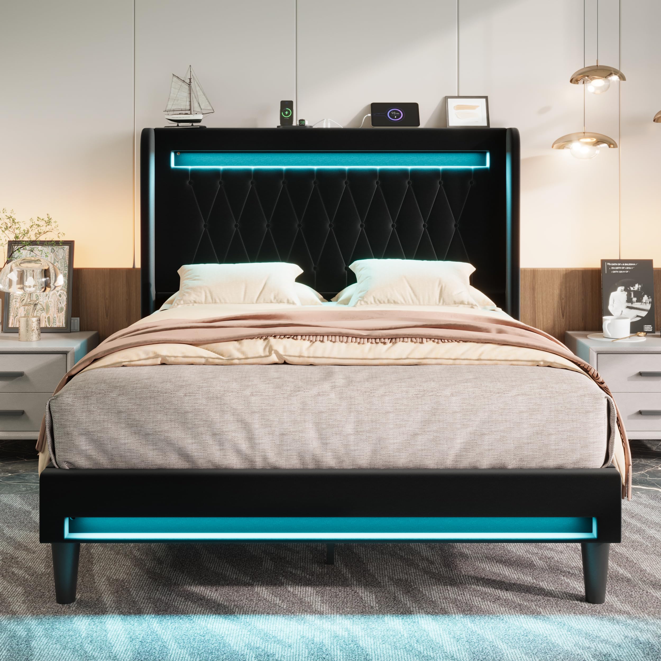 Allewie Queen Size Upholstered Bed Frame with LED & Charging Station, Black | Customizable LED lights, charging station, tufted wingback headboard, noise-reducing support, and no box spring needed.