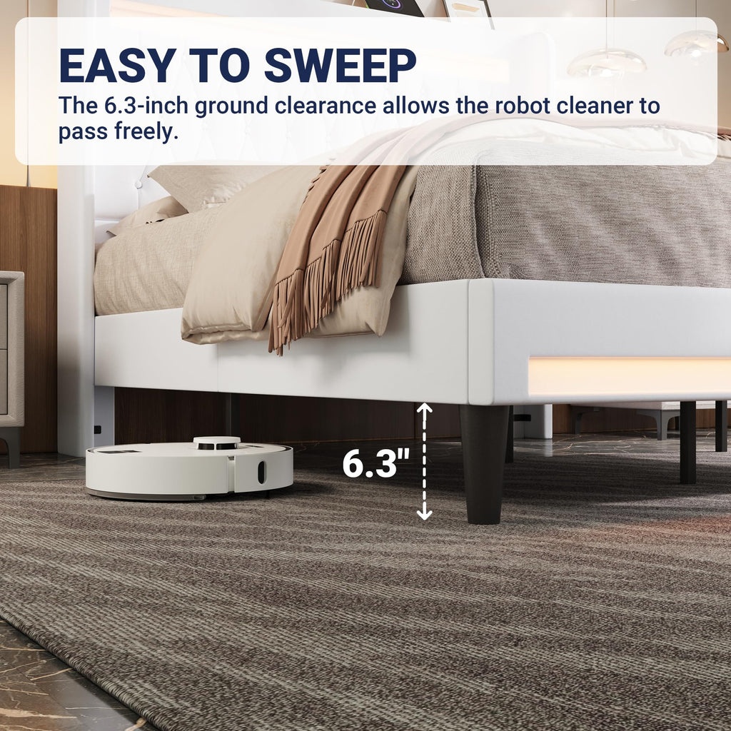 Allewie Queen Size Upholstered Bed Frame with LED & Charging Station, Black | Customizable LED lights, charging station, tufted wingback headboard, noise-reducing support, and no box spring needed.