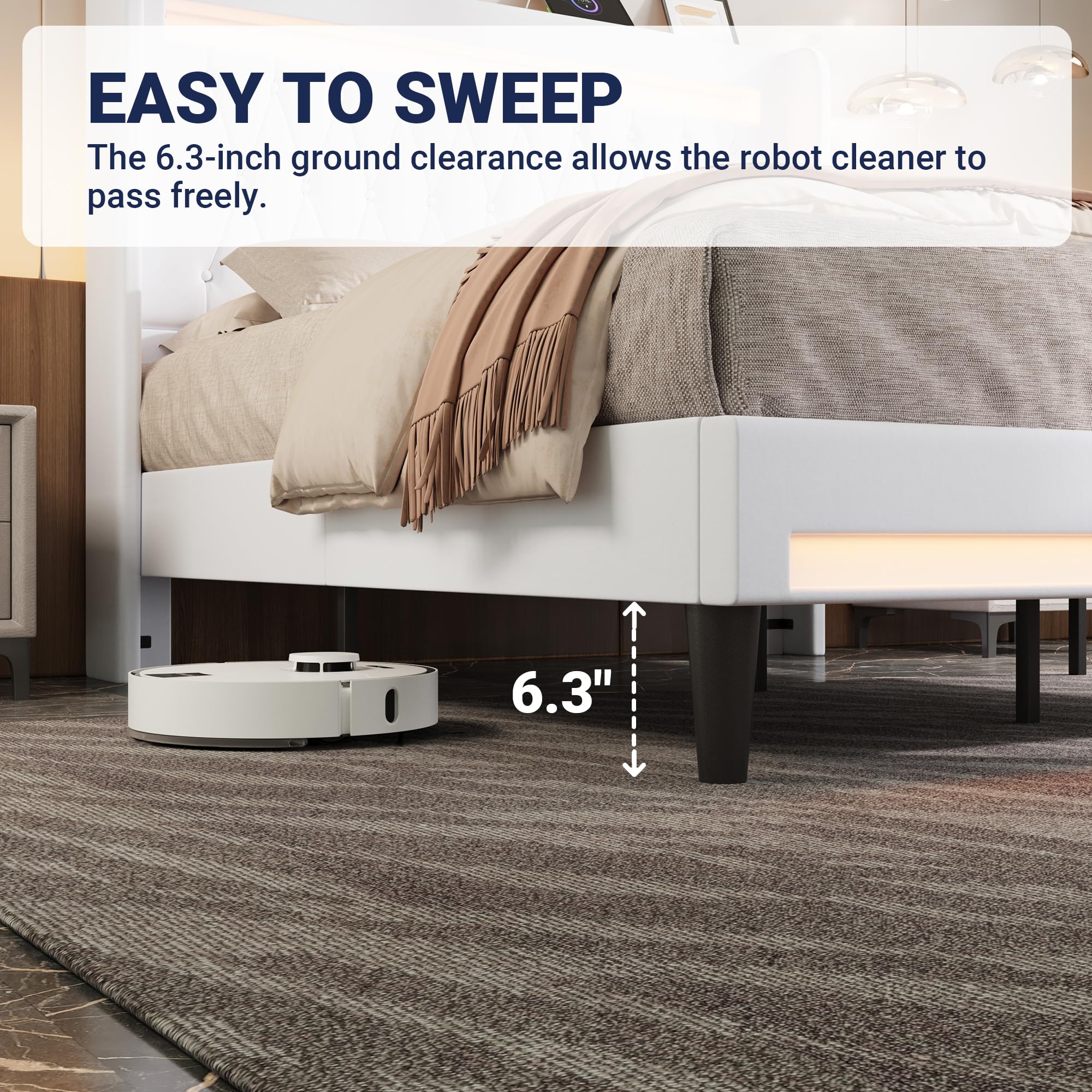 Allewie Queen Size Upholstered Bed Frame with LED & Charging Station, Black | Customizable LED lights, charging station, tufted wingback headboard, noise-reducing support, and no box spring needed.
