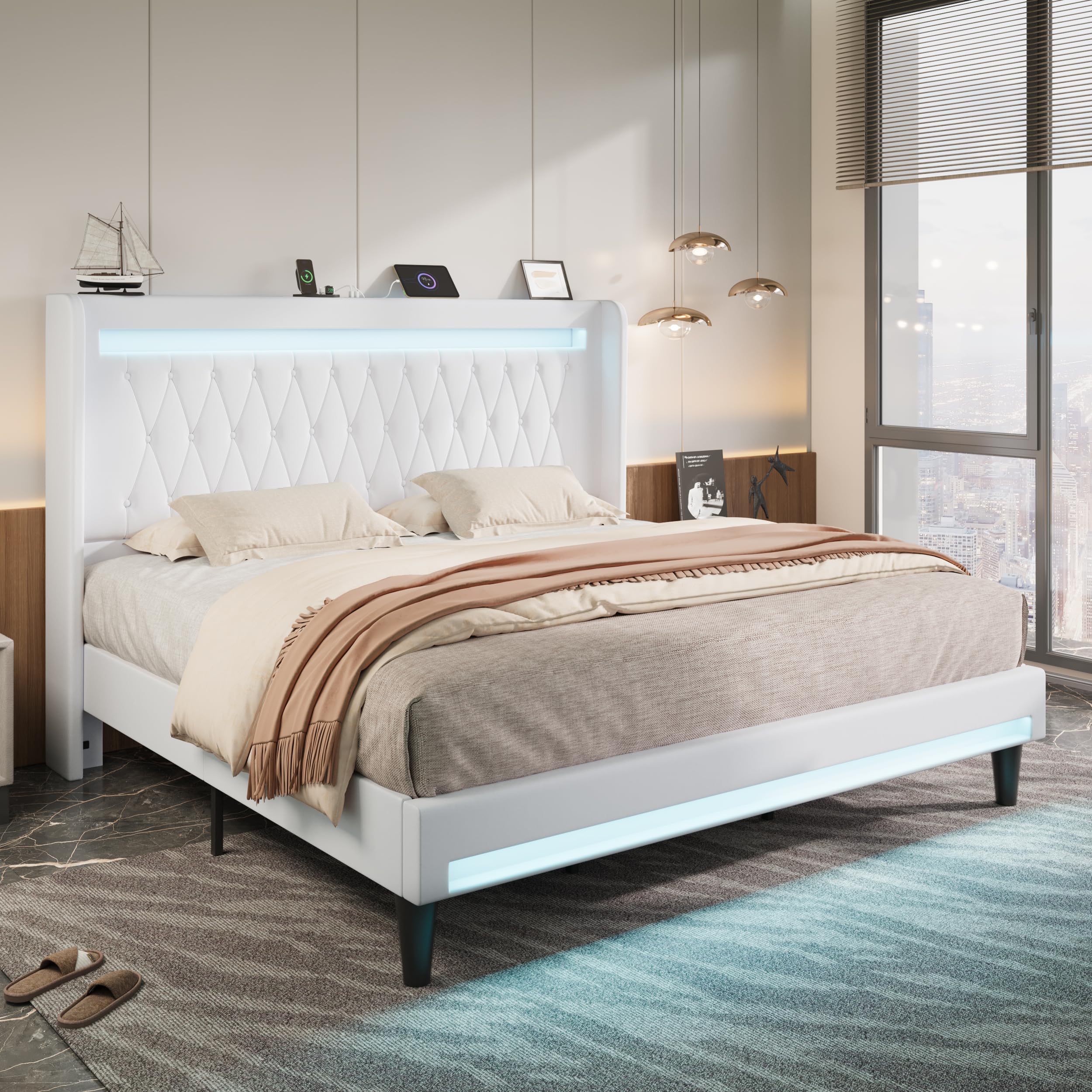 Allewie Queen Size Upholstered Bed Frame with LED & Charging Station, Black | Customizable LED lights, charging station, tufted wingback headboard, noise-reducing support, and no box spring needed.
