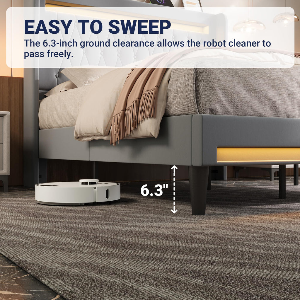 Allewie Queen Size Upholstered Bed Frame with LED & Charging Station, Black | Customizable LED lights, charging station, tufted wingback headboard, noise-reducing support, and no box spring needed.