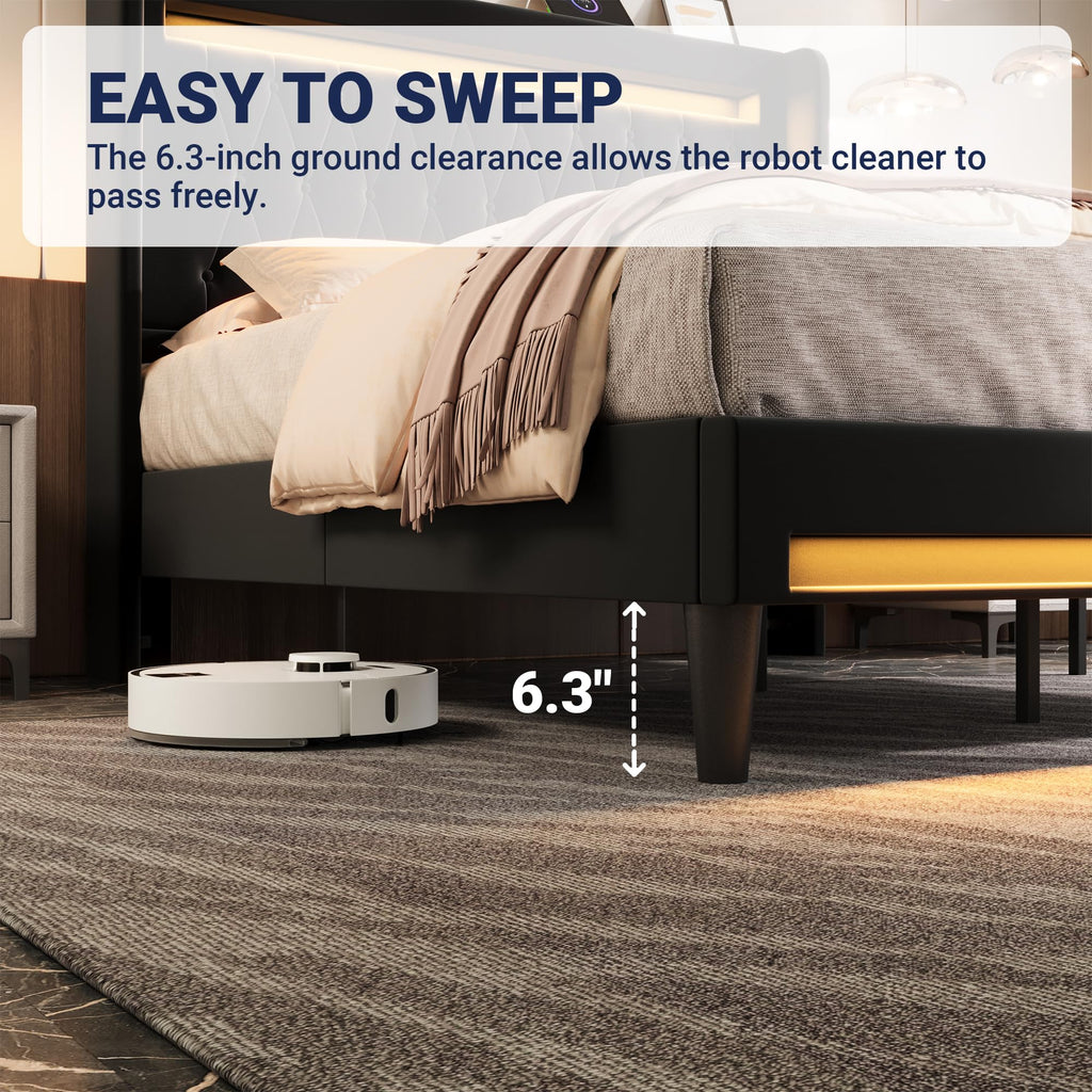 Allewie Queen Size Upholstered Bed Frame with LED & Charging Station, Black | Customizable LED lights, charging station, tufted wingback headboard, noise-reducing support, and no box spring needed.