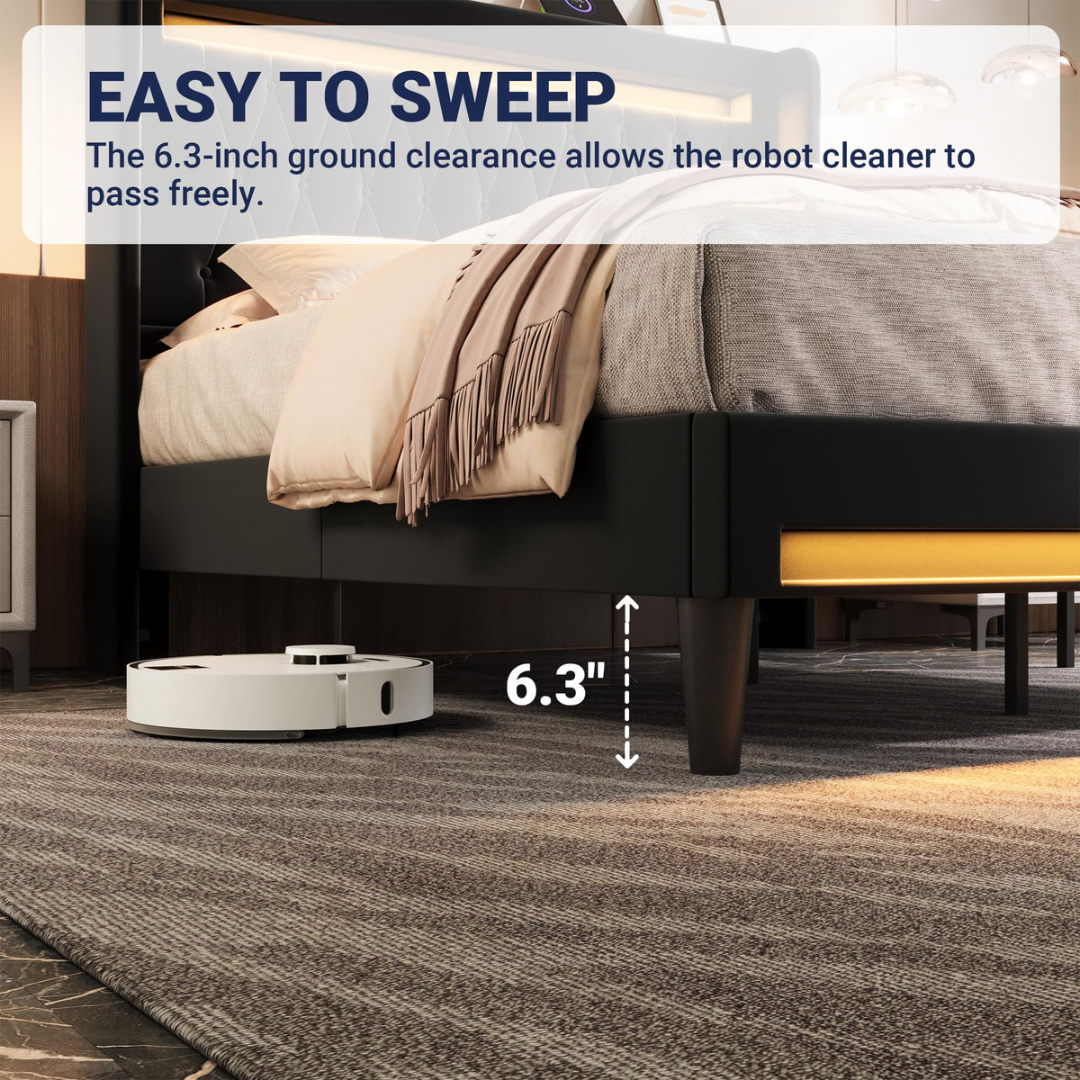 Allewie Queen Size Upholstered Bed Frame with LED & Charging Station, Black | Customizable LED lights, charging station, tufted wingback headboard, noise-reducing support, and no box spring needed.