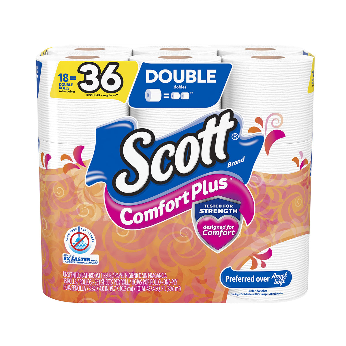 Scott ComfortPlus Toilet Paper, 12 Triple Rolls, 231 Sheets per Roll, Septic-Safe, 1-Ply Toilet Tissue