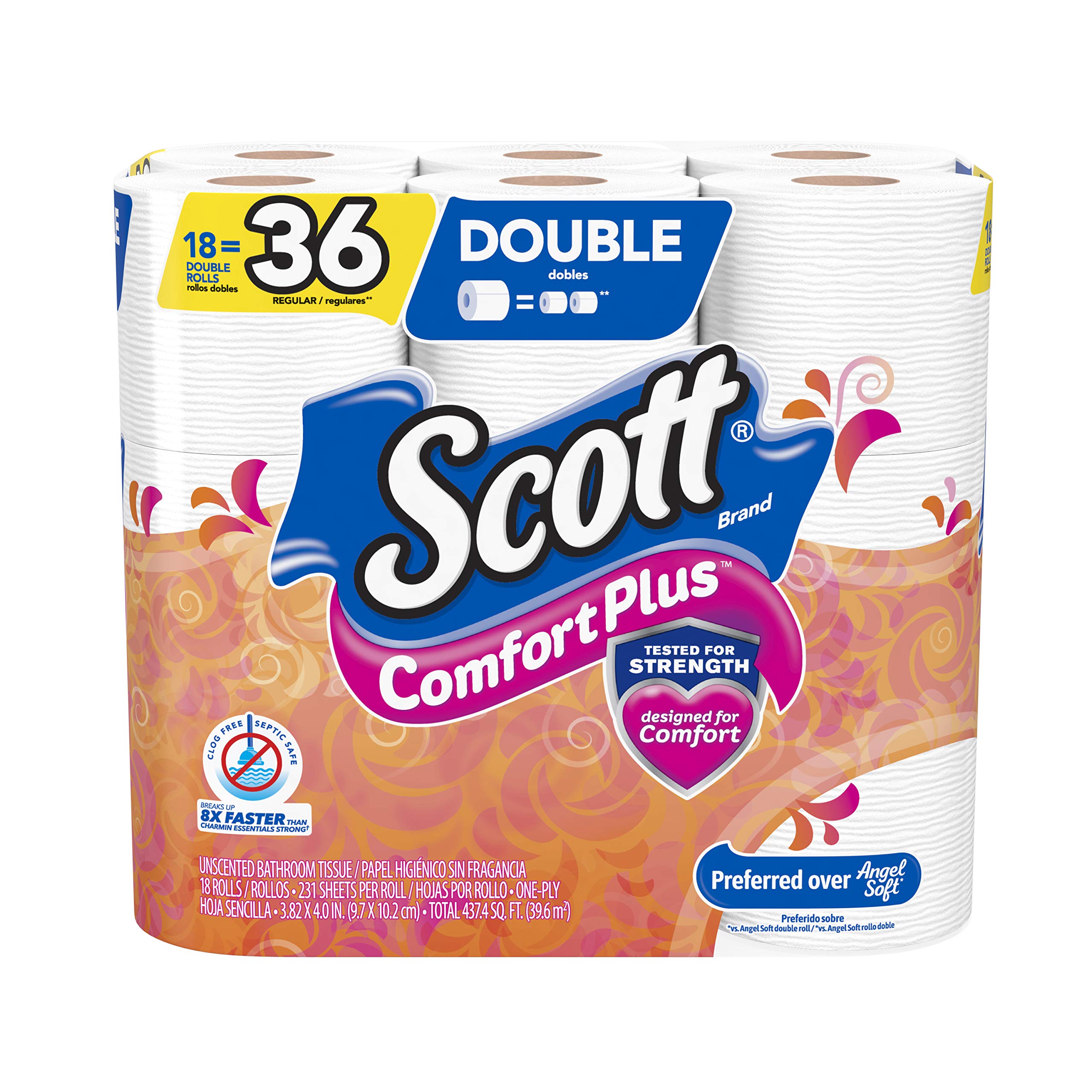 Scott ComfortPlus Toilet Paper, 12 Triple Rolls, 231 Sheets per Roll, Septic-Safe, 1-Ply Toilet Tissue