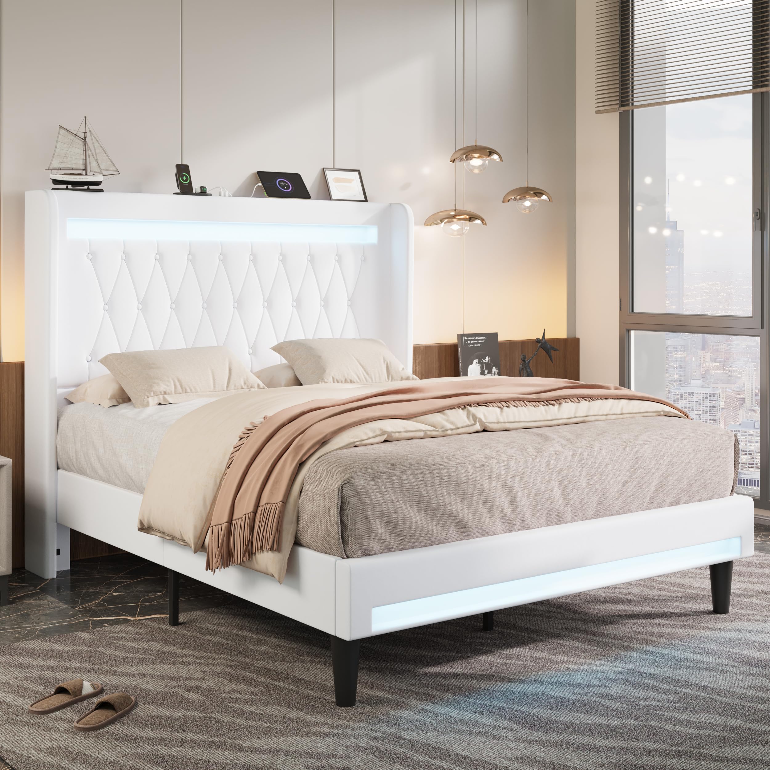Allewie Queen Size Upholstered Bed Frame with LED & Charging Station, Black | Customizable LED lights, charging station, tufted wingback headboard, noise-reducing support, and no box spring needed.