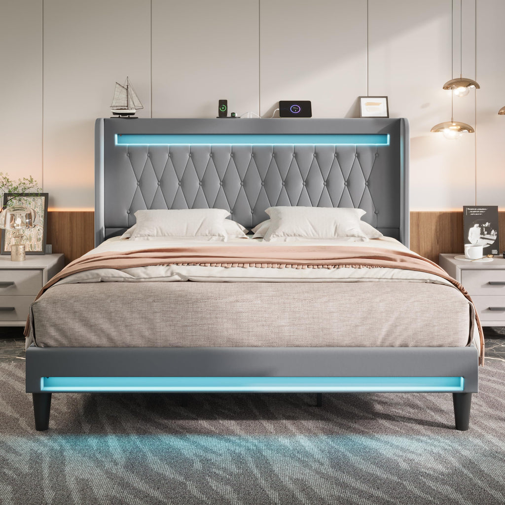 Allewie Queen Size Upholstered Bed Frame with LED & Charging Station, Black | Customizable LED lights, charging station, tufted wingback headboard, noise-reducing support, and no box spring needed.