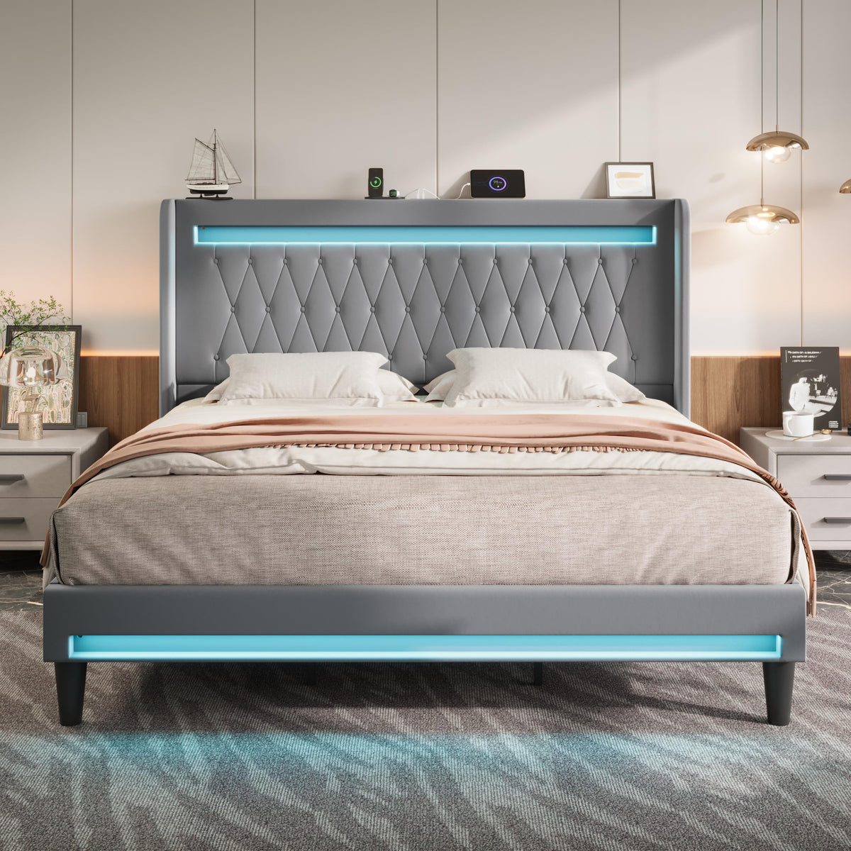 Allewie Queen Size Upholstered Bed Frame with LED & Charging Station, Black | Customizable LED lights, charging station, tufted wingback headboard, noise-reducing support, and no box spring needed.