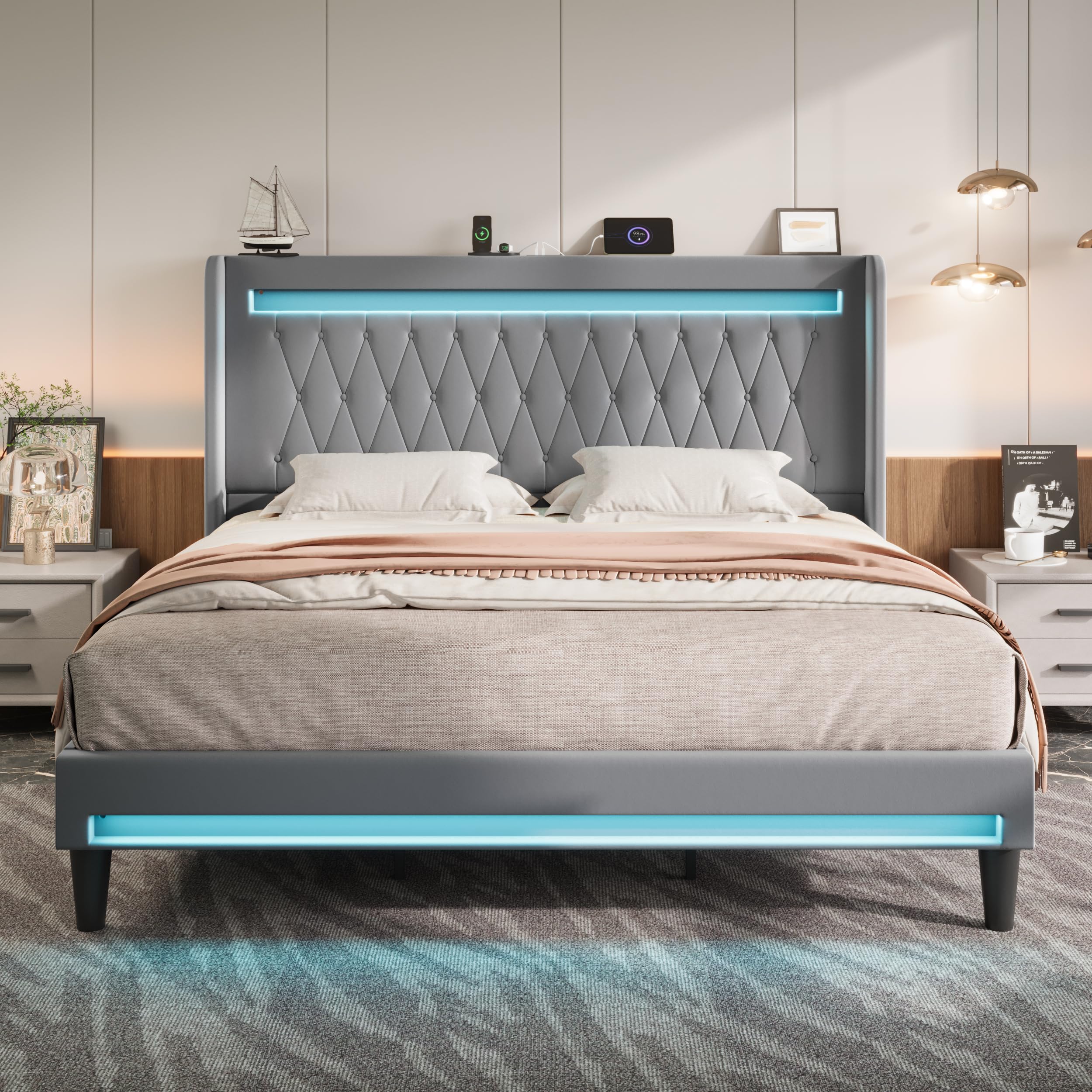 Allewie Queen Size Upholstered Bed Frame with LED & Charging Station, Black | Customizable LED lights, charging station, tufted wingback headboard, noise-reducing support, and no box spring needed.