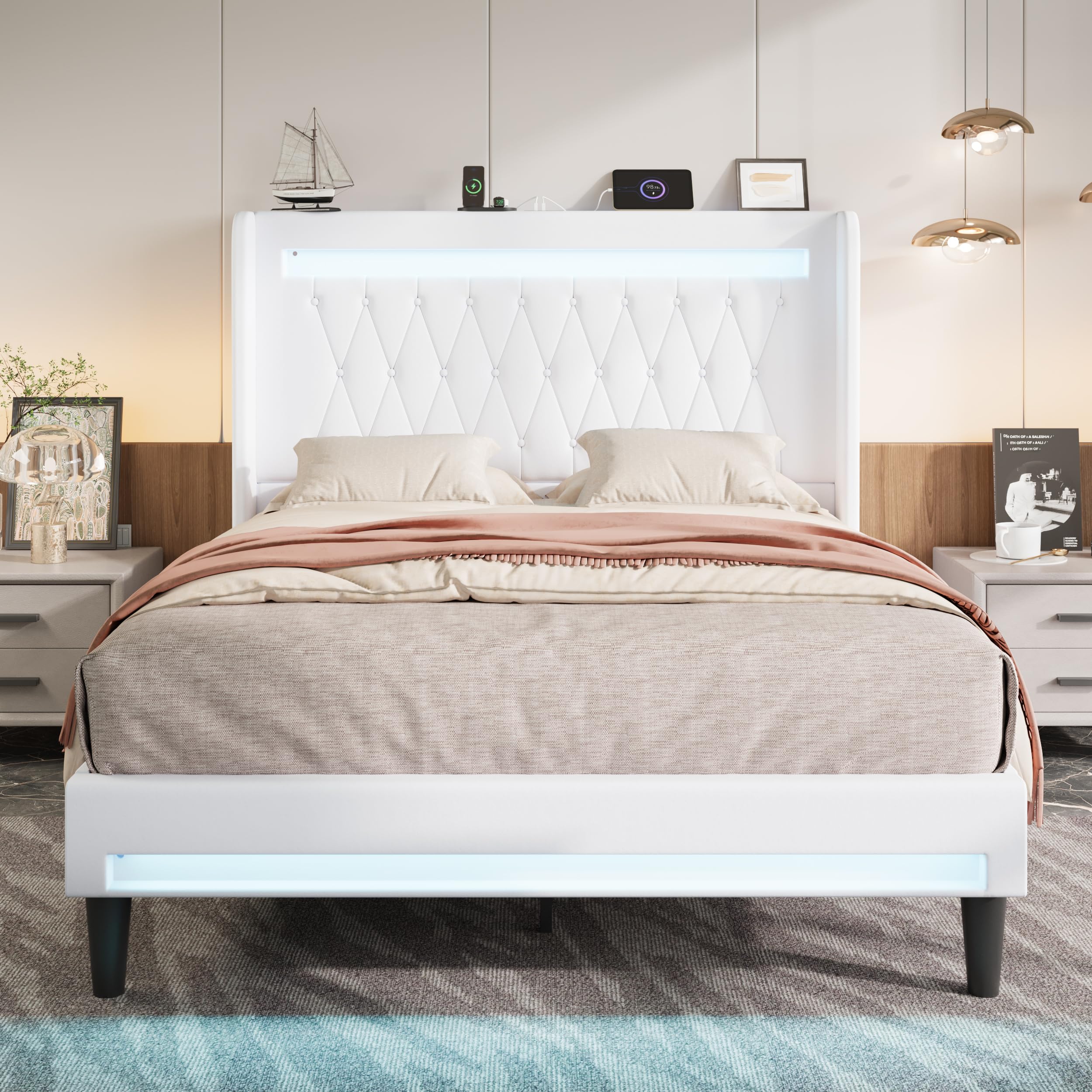 Allewie Queen Size Upholstered Bed Frame with LED & Charging Station, Black | Customizable LED lights, charging station, tufted wingback headboard, noise-reducing support, and no box spring needed.