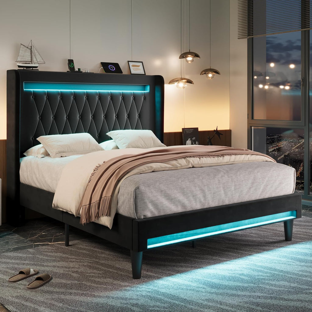 Allewie Queen Size Upholstered Bed Frame with LED & Charging Station, Black | Customizable LED lights, charging station, tufted wingback headboard, noise-reducing support, and no box spring needed.