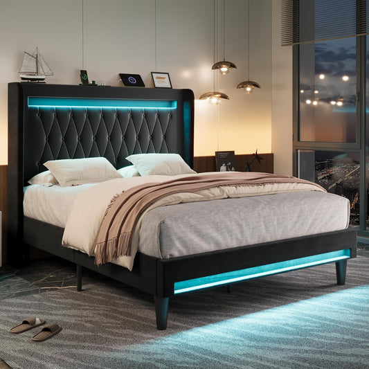 Allewie Queen Size Upholstered Bed Frame with LED & Charging Station, Black | Customizable LED lights, charging station, tufted wingback headboard, noise-reducing support, and no box spring needed.