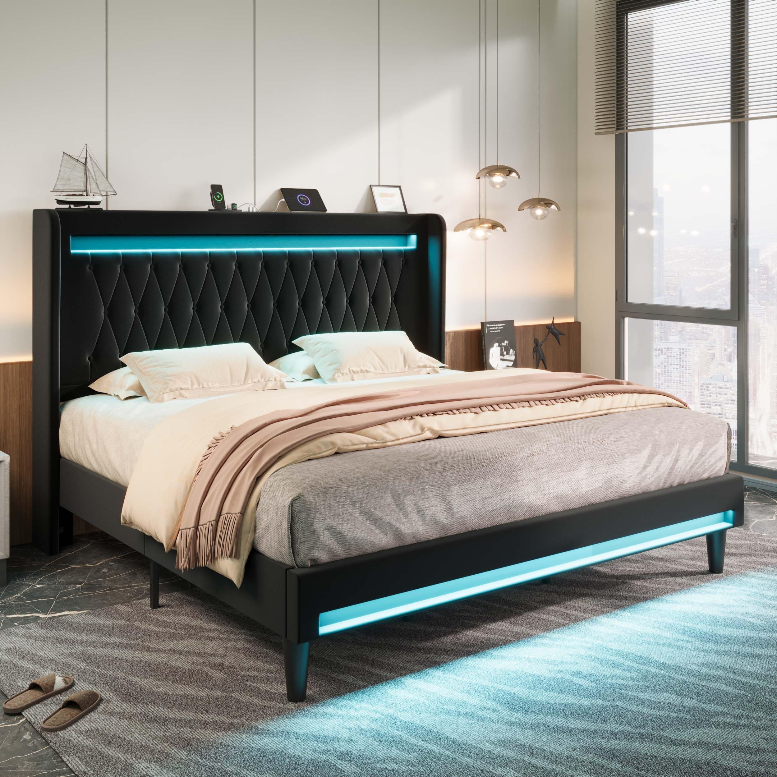 Allewie Queen Size Upholstered Bed Frame with LED & Charging Station, Black | Customizable LED lights, charging station, tufted wingback headboard, noise-reducing support, and no box spring needed.