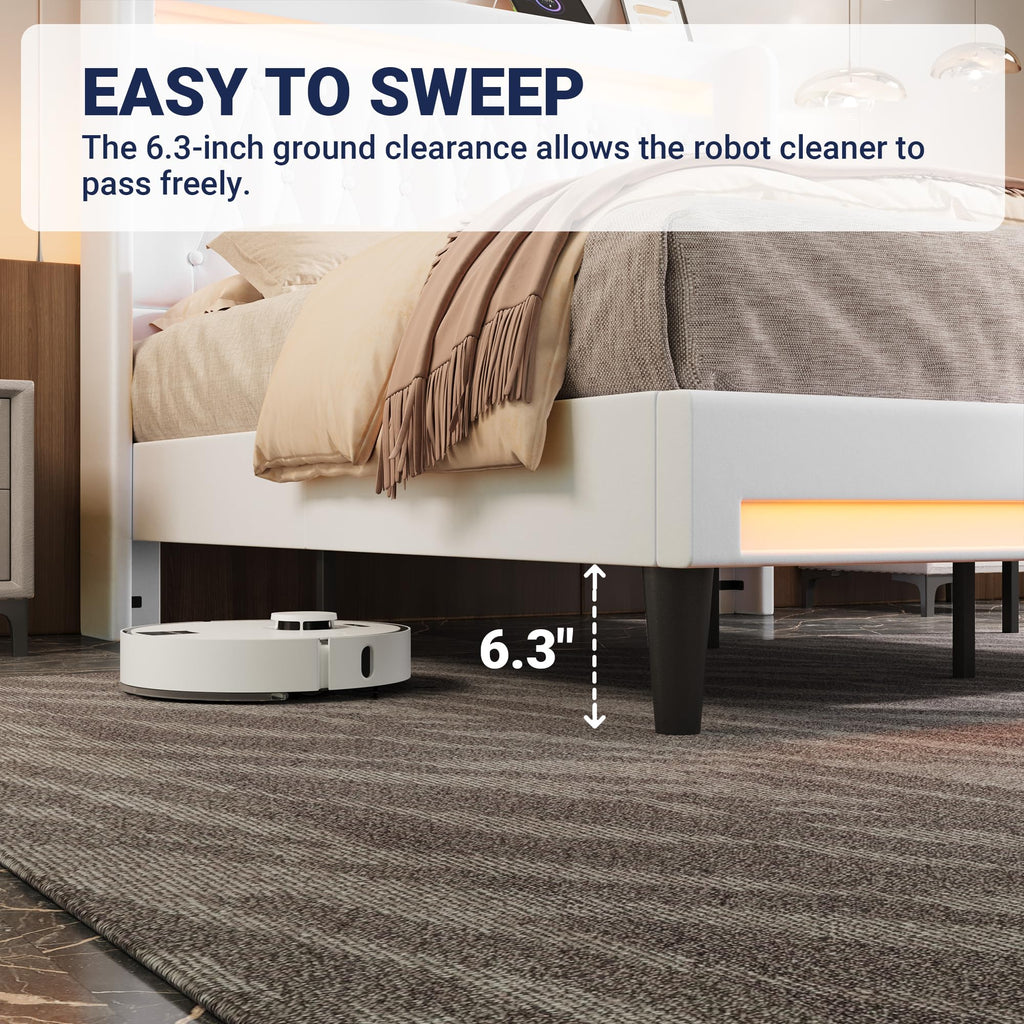 Allewie Queen Size Upholstered Bed Frame with LED & Charging Station, Black | Customizable LED lights, charging station, tufted wingback headboard, noise-reducing support, and no box spring needed.