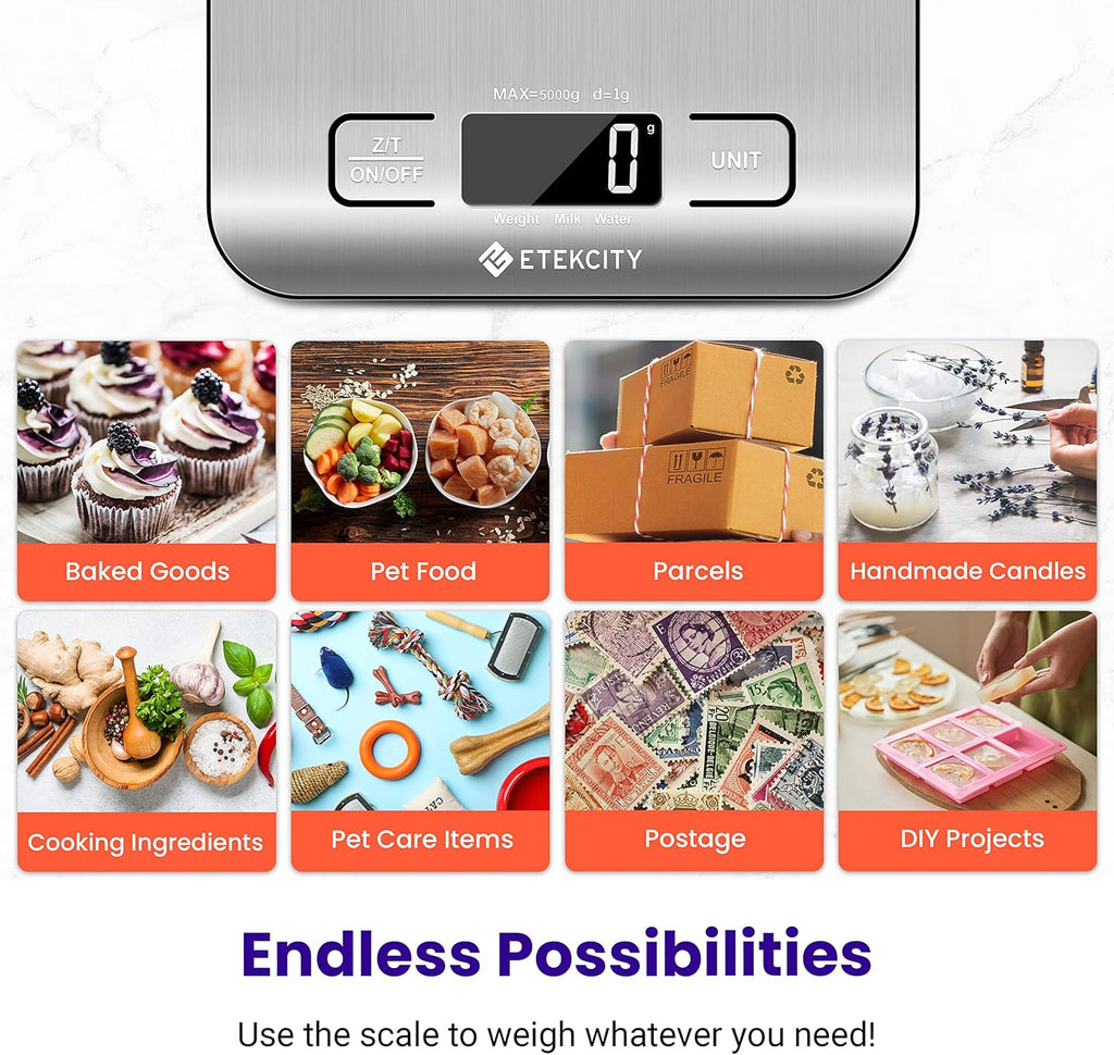 Etekcity Food Kitchen Scale, Digital Grams and Ounces, 11lb | Tare function, ideal for baking, weight loss, keto, meal prep, packages, liquids and jewelry, 304 Stainless Steel