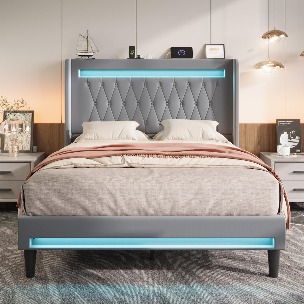Allewie Queen Size Upholstered Bed Frame with LED & Charging Station, Black | Customizable LED lights, charging station, tufted wingback headboard, noise-reducing support, and no box spring needed.