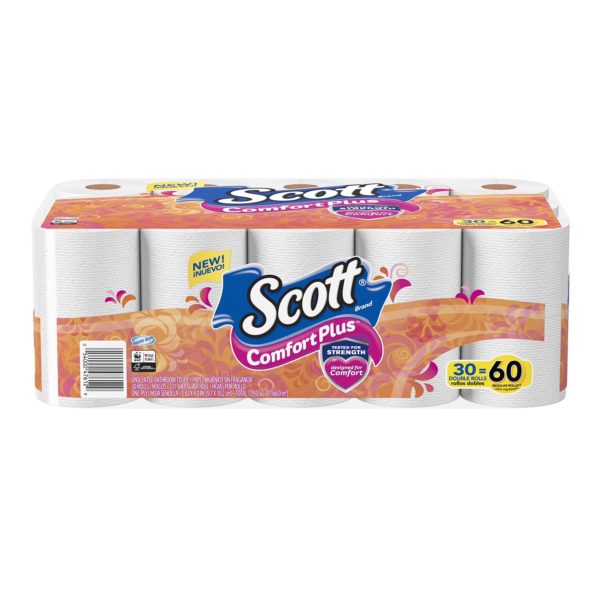 Scott ComfortPlus Toilet Paper, 12 Triple Rolls, 231 Sheets per Roll, Septic-Safe, 1-Ply Toilet Tissue
