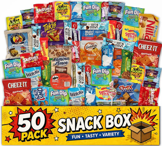 Snack Variety Pack 50 Count Care Package Gift Box, Individually Wrapped | Assorted Cookies, Chips, Crackers, Candy and Bars - Treat Boxes for Adults, Kids, Office, School, Birthdays, College