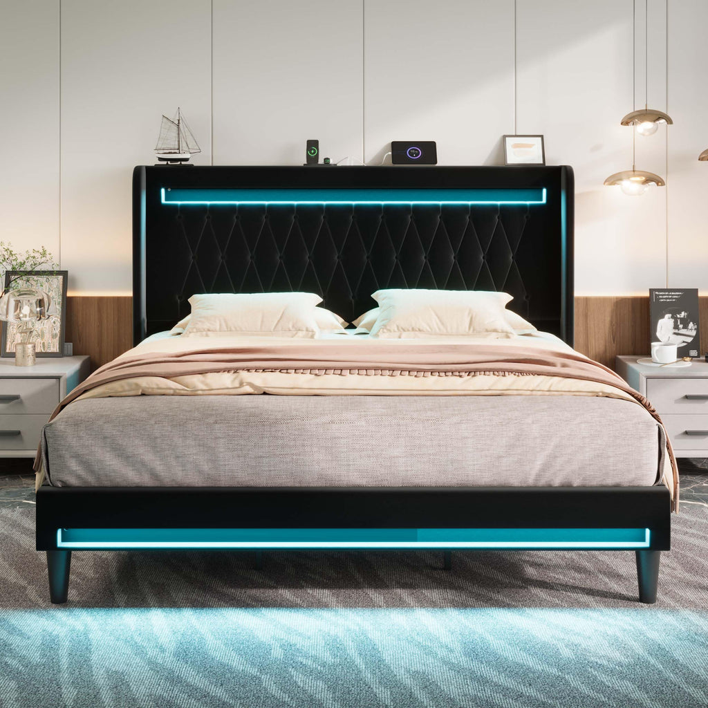Allewie Queen Size Upholstered Bed Frame with LED & Charging Station, Black | Customizable LED lights, charging station, tufted wingback headboard, noise-reducing support, and no box spring needed.