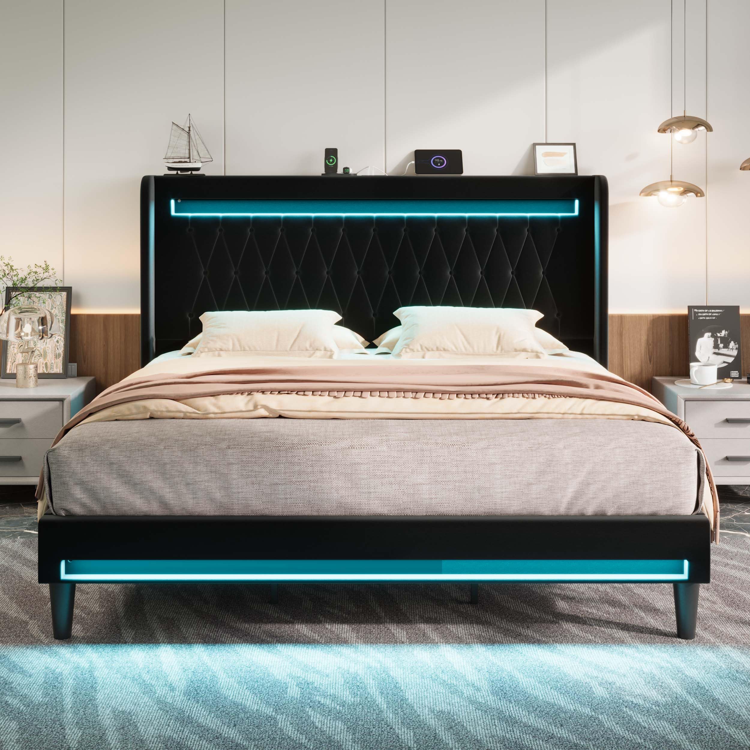 Allewie Queen Size Upholstered Bed Frame with LED & Charging Station, Black | Customizable LED lights, charging station, tufted wingback headboard, noise-reducing support, and no box spring needed.