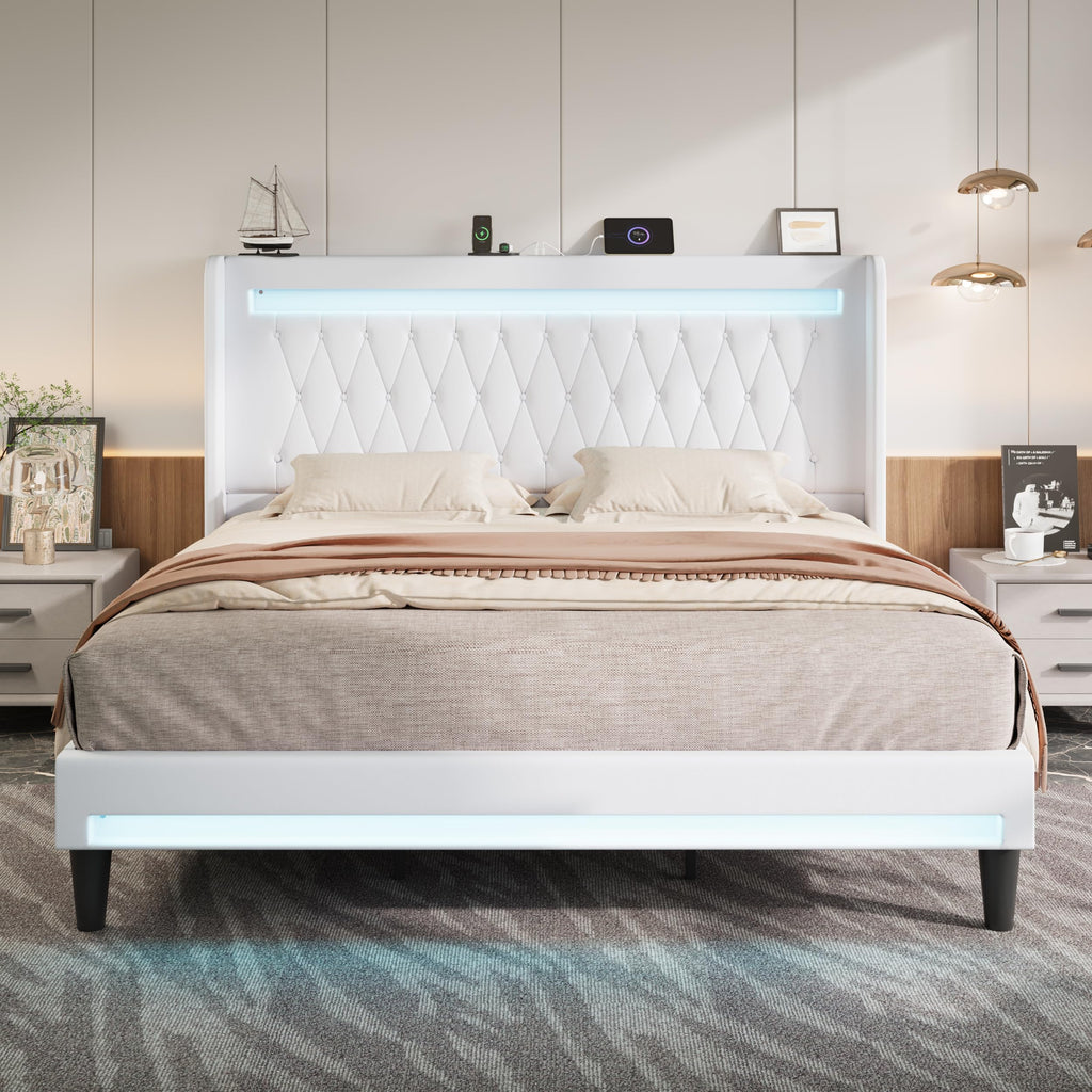 Allewie Queen Size Upholstered Bed Frame with LED & Charging Station, Black | Customizable LED lights, charging station, tufted wingback headboard, noise-reducing support, and no box spring needed.