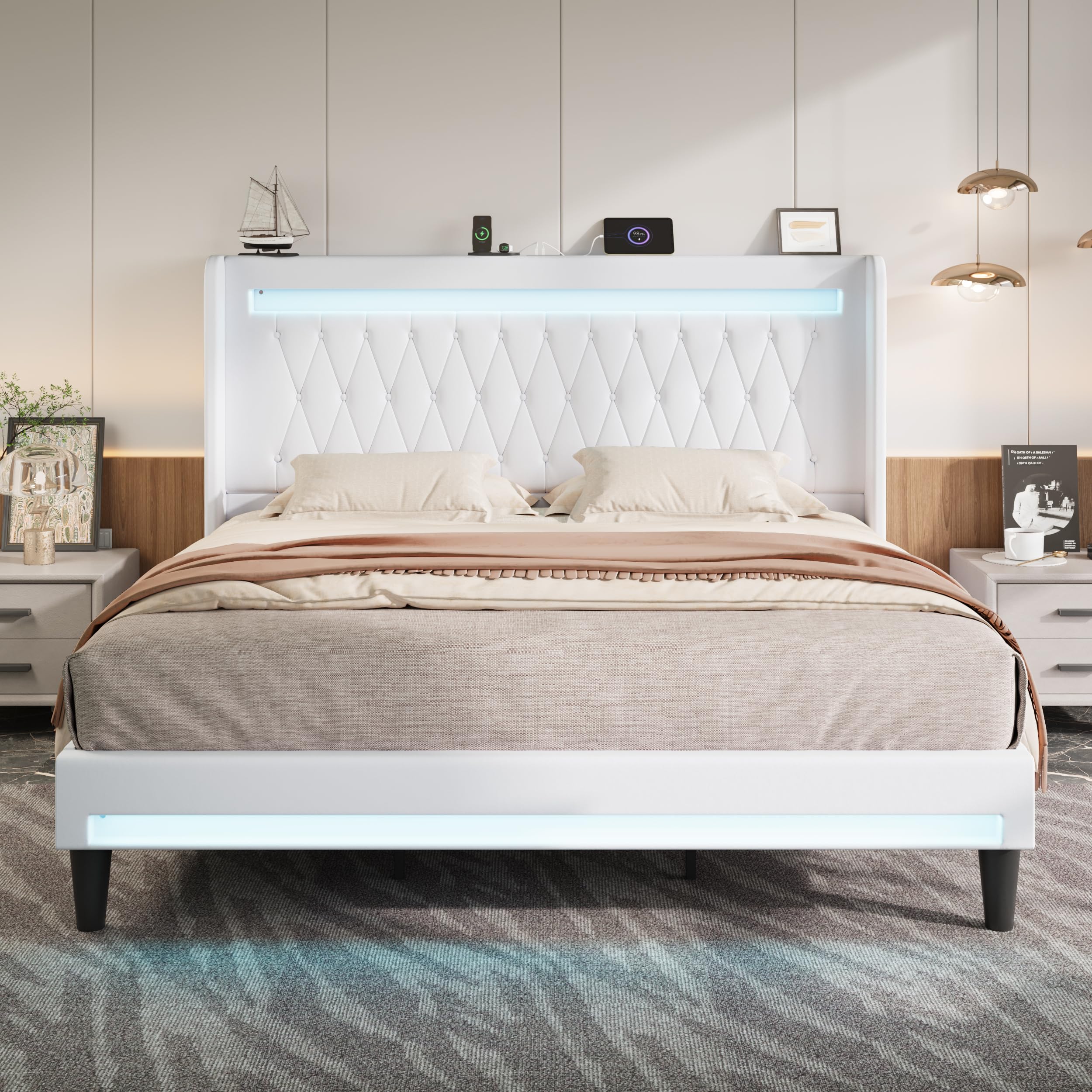 Allewie Queen Size Upholstered Bed Frame with LED & Charging Station, Black | Customizable LED lights, charging station, tufted wingback headboard, noise-reducing support, and no box spring needed.