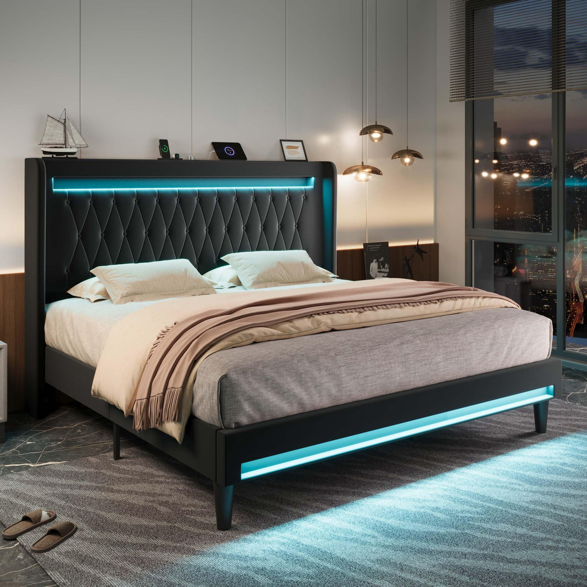 Allewie Queen Size Upholstered Bed Frame with LED & Charging Station, Black | Customizable LED lights, charging station, tufted wingback headboard, noise-reducing support, and no box spring needed.