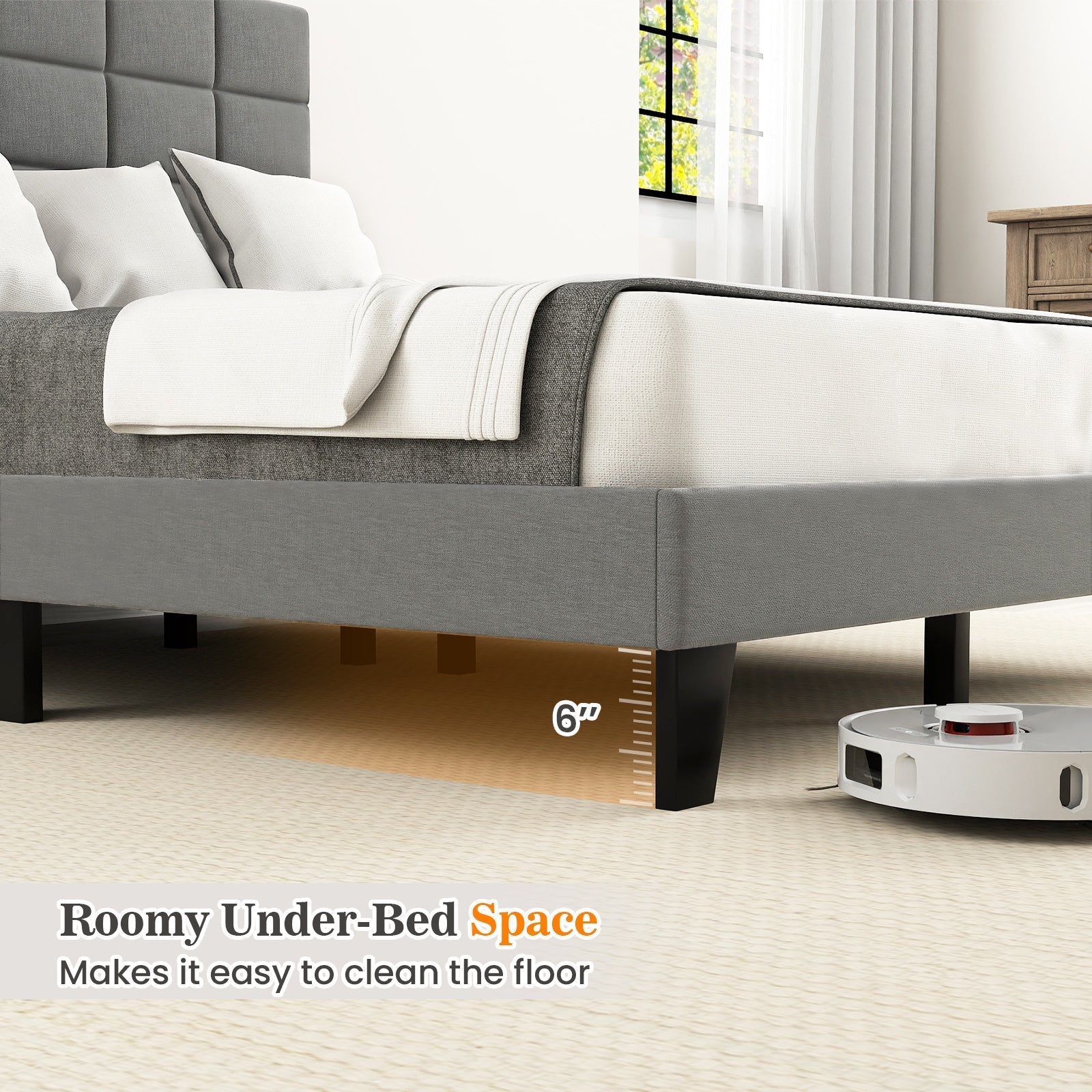 Queen Size Modern Linen Bed Frame with Adjustable Headboard-Gray