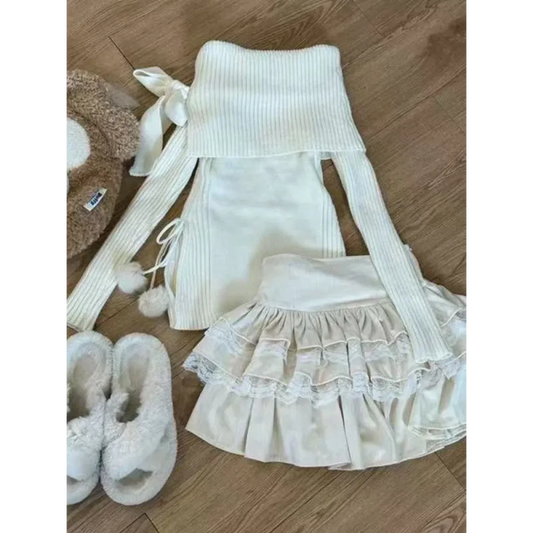 Kawaii Off-Shoulder Knit Lace Set